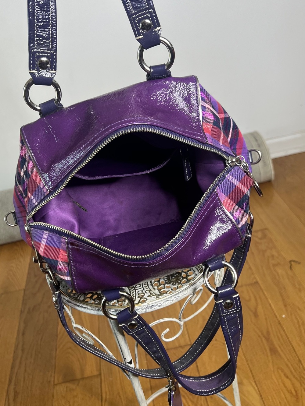 Coach Purple Plaid Satchel with Pink Accents - Picture 3 of 10